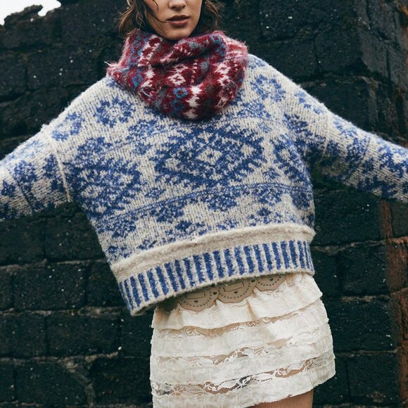 Blue And White Boho Women's Fuzzy Sweater - Picture 5 of 11